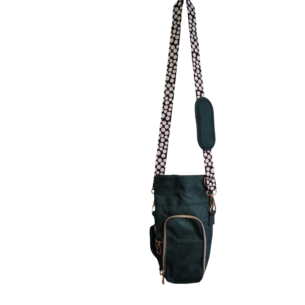 Dark Teal Crossbody Bottle Carrier with Polka Dot Strap